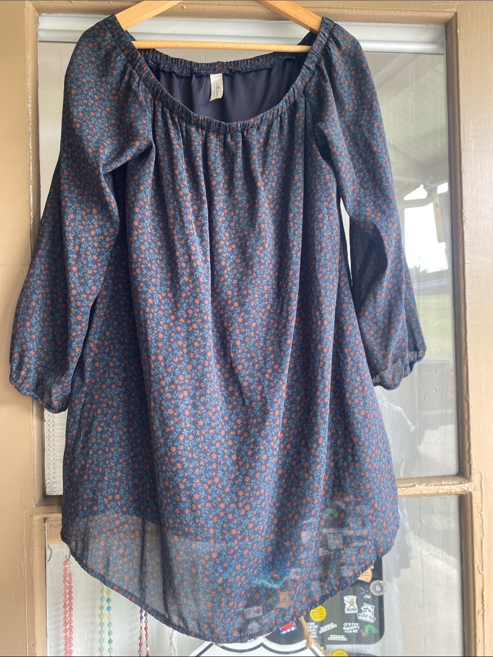 Mahina Hawaii Blue Floral Peasant Tunic Top
